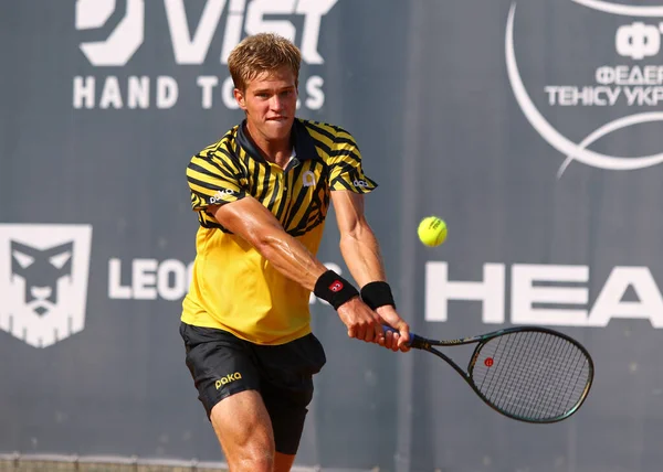 KYIV, UKRAINE - SEPTEMBER 7, 2021: Illya BELOBORODKO of Ukraine in action during ATP Challenger Kyiv Open game against Sebastian BAEZ of Argentina at Kyiv Tennis Park in Kyiv
