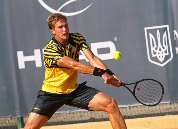 KYIV, UKRAINE - SEPTEMBER 7, 2021: Illya BELOBORODKO of Ukraine in action during ATP Challenger Kyiv Open game against Sebastian BAEZ of Argentina at Kyiv Tennis Park in Kyiv