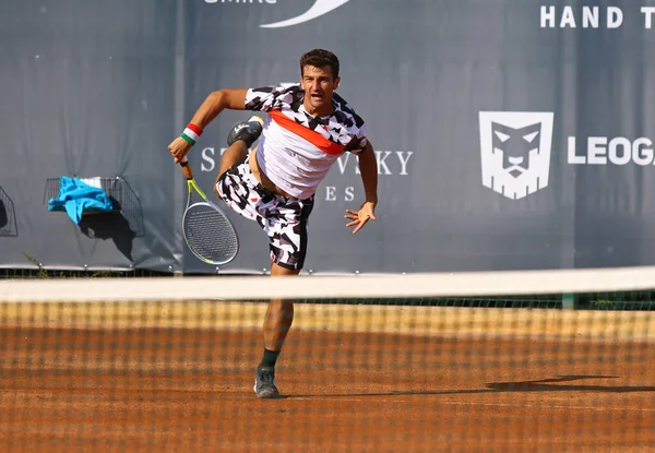 KYIV, UKRAINE - SEPTEMBER 7, 2021: Riccardo BONADIO of Italy in action during ATP Challenger Kyiv Open game against Constant LESTIENNE of France at Kyiv Tennis Park in Kyiv, Ukraine