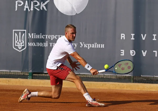 KYIV, UKRAINE - SEPTEMBER 7, 2021: Jelle SELS of Netherlands in action during ATP Challenger Kyiv Open game against Sergiy STAKHOVSKY of Ukraine at Kyiv Tennis Park in Kyiv