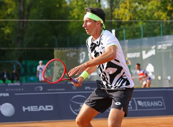 KYIV, UKRAINE - SEPTEMBER 7, 2021: Sergiy STAKHOVSKY of Ukraine in action during ATP Challenger Kyiv Open game against Jelle SELS of Netherlands at Kyiv Tennis Park in Kyiv