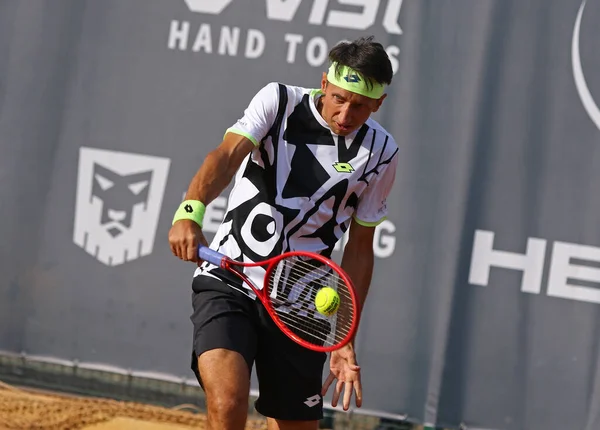 KYIV, UKRAINE - SEPTEMBER 7, 2021: Sergiy STAKHOVSKY of Ukraine in action during ATP Challenger Kyiv Open game against Jelle SELS of Netherlands at Kyiv Tennis Park in Kyiv