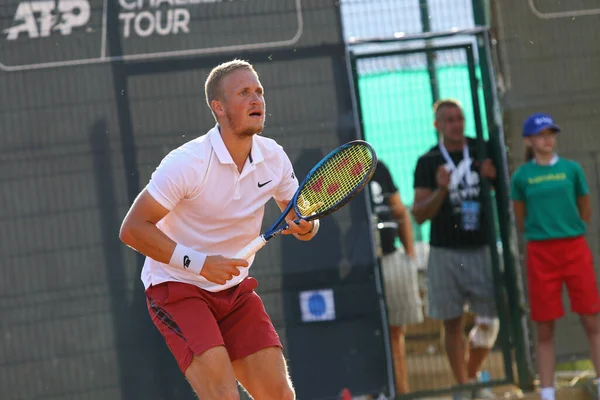 KYIV, UKRAINE - SEPTEMBER 7, 2021: Jelle SELS of Netherlands in action during ATP Challenger Kyiv Open game against Sergiy STAKHOVSKY of Ukraine at Kyiv Tennis Park in Kyiv
