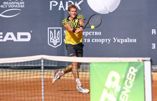 KYIV, UKRAINE - SEPTEMBER 7, 2021: Illya BELOBORODKO of Ukraine in action during ATP Challenger Kyiv Open game against Sebastian BAEZ of Argentina at Kyiv Tennis Park in Kyiv