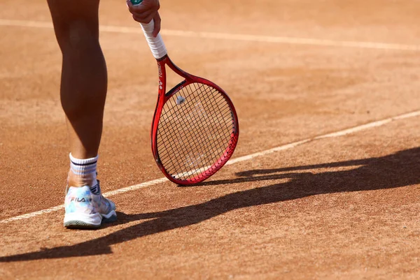 KYIV, UKRAINE - SEPTEMBER 7, 2021: Sebastian BAEZ of Argentina shows the ball mark on a clay court during ATP Challenger Kyiv Open game against Illya BELOBORODKO of Ukraine at Kyiv Tennis Park in Kyiv