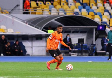 KYIV, UKRAINE - SEPTEMBER 28, 2021: UEFA Champions League game Shakhtar Donetsk v Internazionale. Tete (Shakhtar) in action. NSC Olimpiyskyi stadium in Kyiv