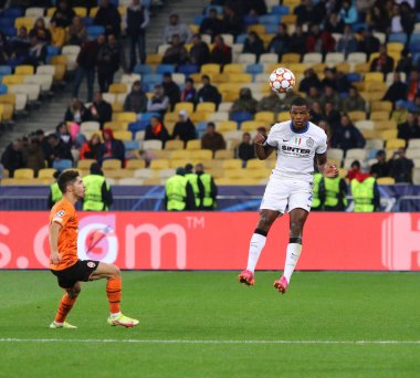 KYIV, UKRAINE - SEPTEMBER 28, 2021: UEFA Champions League game Shakhtar Donetsk v Internazionale. Denzel Dumfries (Inter) in action. NSC Olimpiyskyi stadium in Kyiv