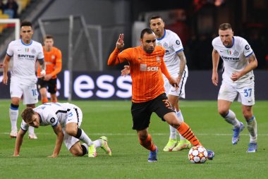KYIV, UKRAINE - SEPTEMBER 28, 2021: UEFA Champions League game Shakhtar Donetsk v Internazionale. Ismaily (Shakhtar) controls a ball. NSC Olimpiyskyi stadium in Kyiv