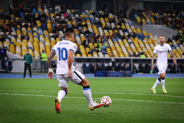 KYIV, UKRAINE - SEPTEMBER 28, 2021: UEFA Champions League game Shakhtar Donetsk v Internazionale. Lautaro Martinez (Inter). NSC Olimpiyskyi stadium in Kyiv