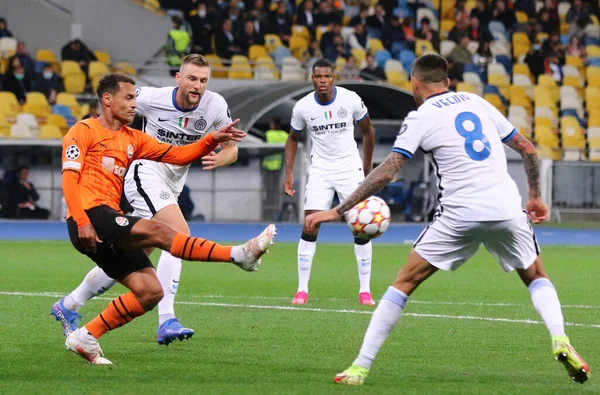KYIV, UKRAINE - SEPTEMBER 28, 2021: UEFA Champions League game Shakhtar Donetsk v Internazionale. Alan Patrick (Shakhtar) and Matias Vecino (Inter). NSC Olimpiyskyi stadium in Kyiv