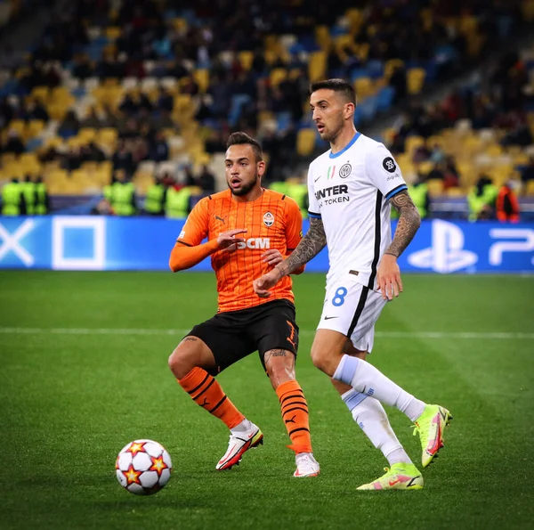 KYIV, UKRAINE - SEPTEMBER 28, 2021: UEFA Champions League game Shakhtar Donetsk v Internazionale. Maycon (Shakhtar) and Matias Vecino (Inter). NSC Olimpiyskyi stadium in Kyiv