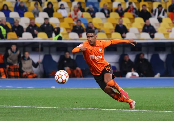KYIV, UKRAINE - SEPTEMBER 28, 2021: UEFA Champions League game Shakhtar Donetsk v Internazionale. Tete (Shakhtar) in action. NSC Olimpiyskyi stadium in Kyiv
