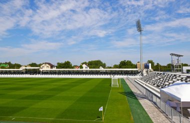 Kovalivka, Ukraine - September 2, 2020: Tribunes of Kolos Stadium football venue in Kovalivka village, Kyiv Oblast. The host stadium of football club FC Kolos Kovalivka. Capacity 5000 spectators