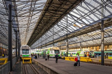 Helsinki, Finlandiya - 3 Eylül 2019: Helsinki Merkez İstasyonu platformları (Fince: Helsingin paarautatieasema) (HEC), Helsinki 'nin ana tren istasyonu