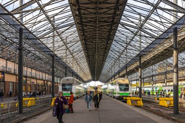 Helsinki, Finlandiya - 3 Eylül 2019: Helsinki Merkez İstasyonu platformları (Fince: Helsingin paarautatieasema) (HEC), Helsinki 'nin ana tren istasyonu