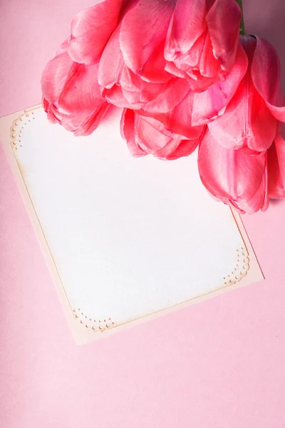 Розовые тюльпаны и карточка — стоковое фото
