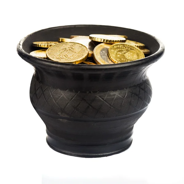 Pentola con monete d'oro — Foto Stock