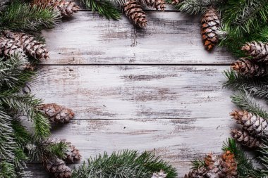 Karla kaplı kozalaklı beyaz, pejmürde Noel sınırı