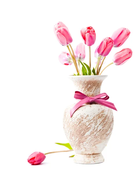 Pink tulipaner i vase - Stock-foto