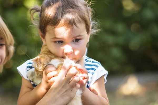 Flicka spela med kattunge — Stockfoto