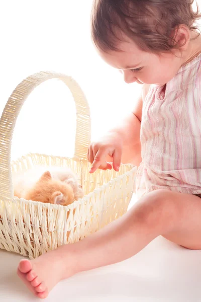 Bebê menina e gatinho — Fotografia de Stock