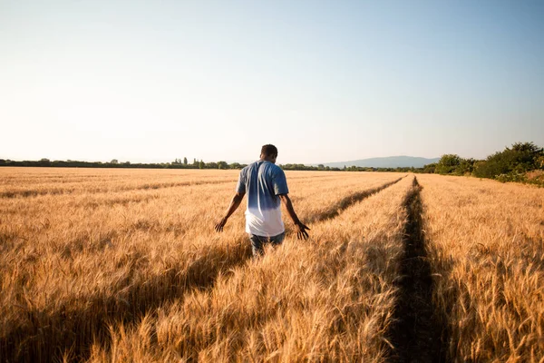 Mladý farmář stojí uprostřed pole — Stock fotografie