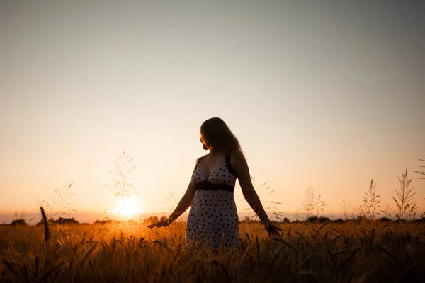 Friedliche Frau begrüßt die aufgehende Sonne auf dem Feld — Stockfoto