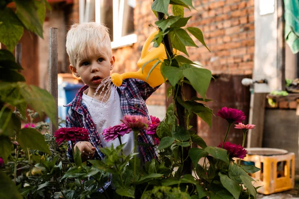 Il bambino sta innaffiando i fiori nel giardino usando un annaffiatoio — Foto Stock