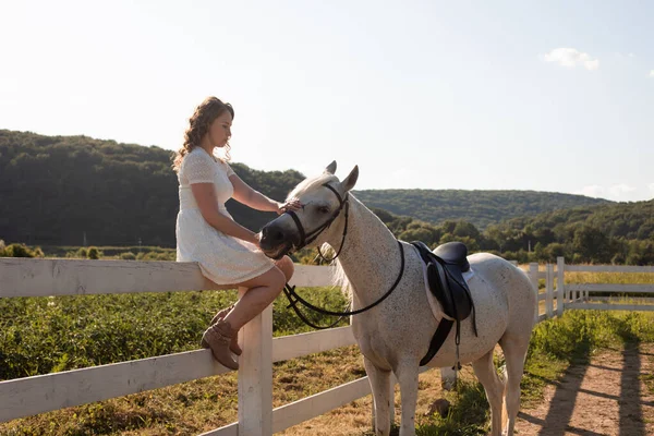 Die glückliche Frau streichelt ein Pferd, während sie auf einem Zaun sitzt — Stockfoto