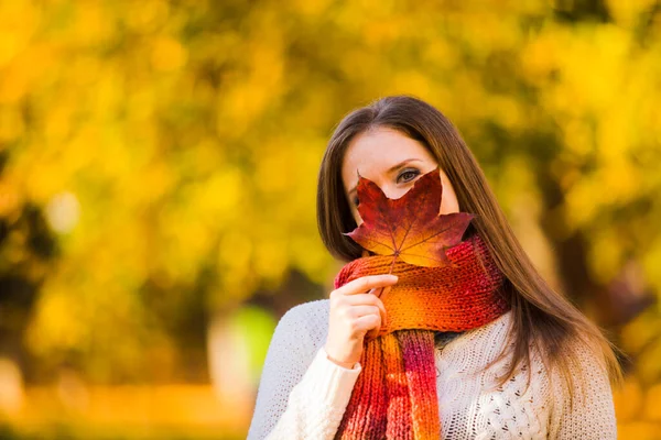 Donna in sciarpa nascosto con una foglia d'acero su sfondo autunno — Foto Stock