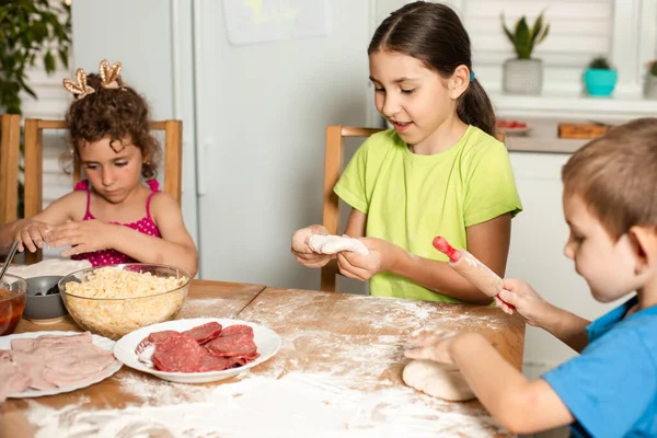 Los niños en edad preescolar están felices de hacer pizza casera —  Fotos de Stock