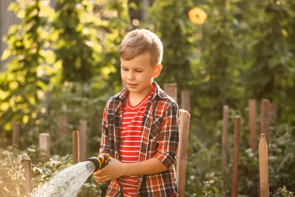 De jongen geeft het tuinbed water met een slang. — Stockfoto