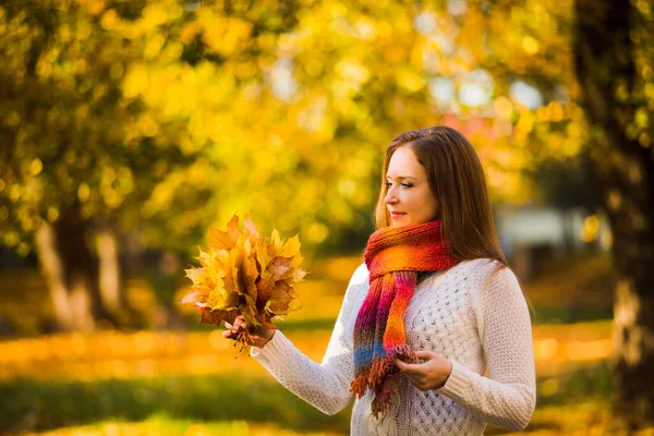 Cute smiley woman holding autumn maple leaves — Stock Photo, Image