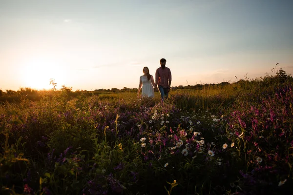 Bella coppia a piedi nel campo estivo — Foto Stock