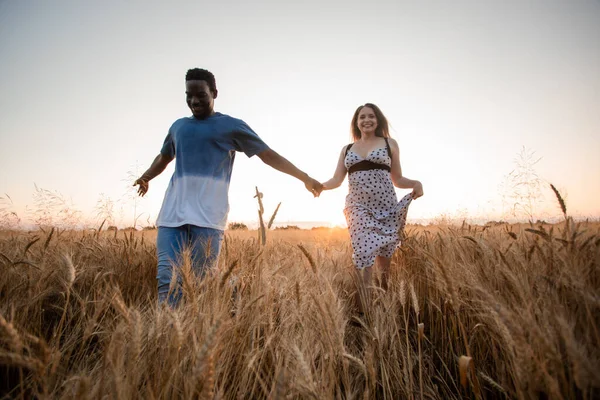 两对年轻夫妇手牵手在田里散步 — 图库照片