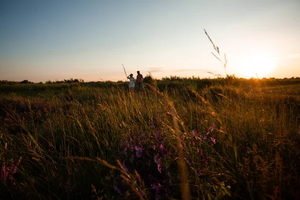 Lovely couple walking in the summer field — Stock Photo, Image