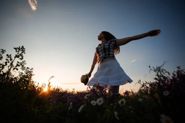 Chica disfrutando de la libertad viendo atardecer en el prado —  Fotos de Stock