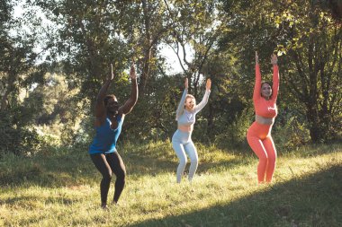 Genç ve çeşitli insanlar doğada yoga yapıyorlar.