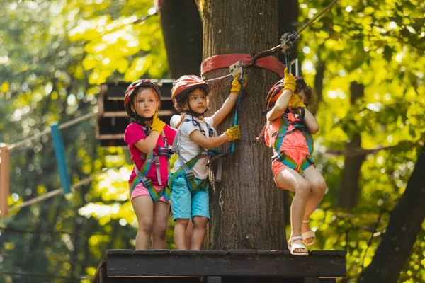 Het kleine meisje gaat door de zipline in het park. — Stockfoto