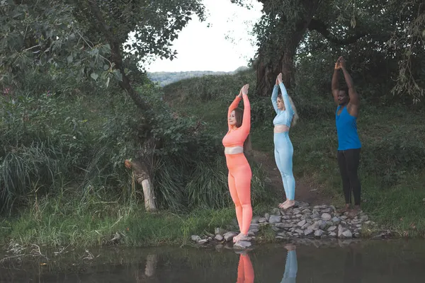 El grupo de personas diversas está haciendo yoga en el bosque —  Fotos de Stock