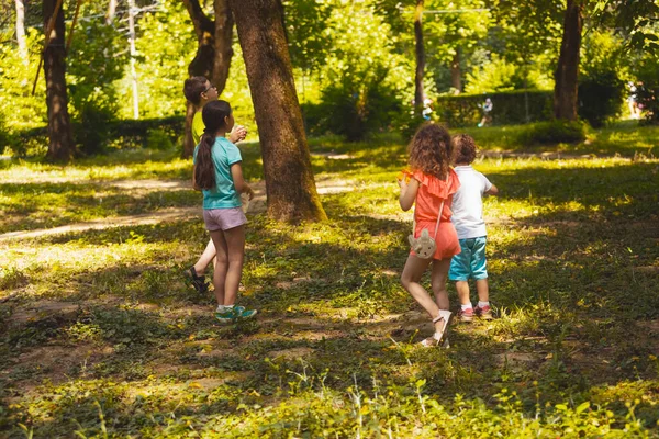 Die Kinder essen einen Imbiss im Park und sehen etwas — Stockfoto