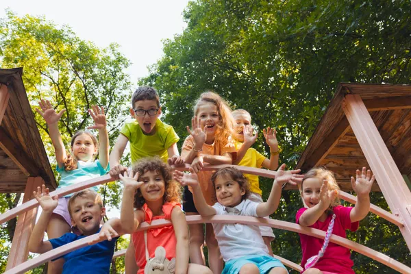 Los niños alegres están descansando en una casa del árbol de madera — Foto de Stock