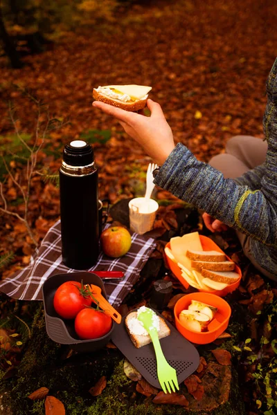 軽食やお茶やコーヒーを飲むためのキャンプ場キット. — ストック写真