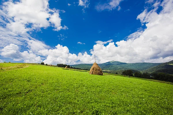 Идиллический пейзаж в горах со свежими зелеными лугами — стоковое фото
