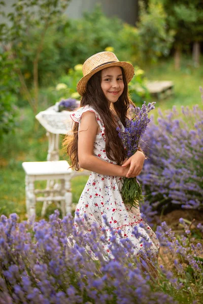 Beautiful long hair girl near lavender bushes — Stock Photo, Image