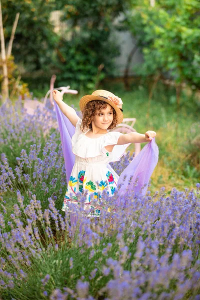 Romantisches Porträt eines charmanten Mädchens mit Strohhut in Lavendel — Stockfoto
