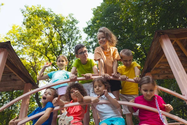 Los niños alegres están descansando en una casa del árbol de madera — Foto de Stock