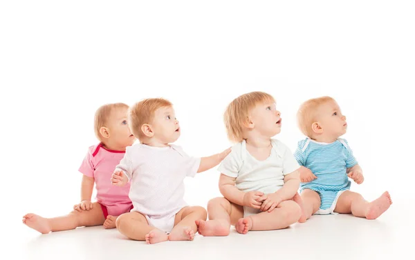 Five babies isolated looking away isolated on white — Fotografia de Stock