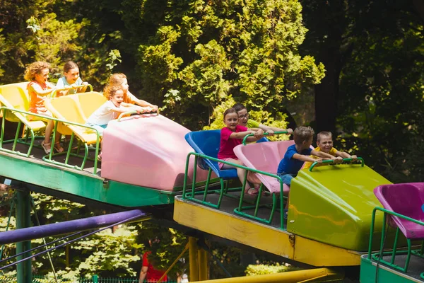 Boldog Kisgyerekek Hullámvasúton Utaznak Vidámparkban Napsütéses Napon — Stock Fotó