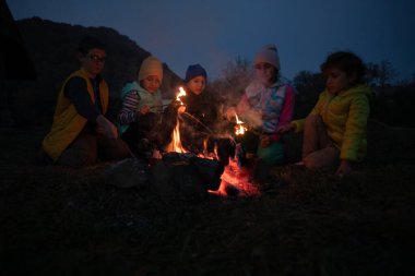 Kamptaki bir grup çocuk ateşin yanında güneşleniyor. Okul çocukları sonbaharda dışarıda oynarlar ve ısınırlar.